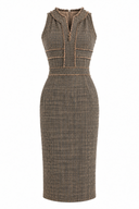 Rochie midi brown din tweed cu guler inalt