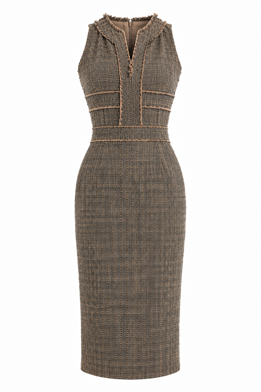 Rochie midi brown din tweed cu guler inalt