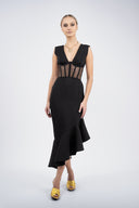 Rochie midi neagra cu corset transparent si fusta asimetrica