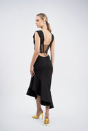 Rochie midi neagra cu corset transparent si slit