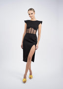 Rochie midi neagra cu corset transparent si fusta asimetrica