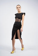 Rochie midi neagra cu corset transparent si slit