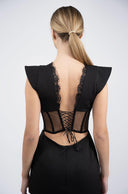 Rochie midi neagra cu corset transparent si slit