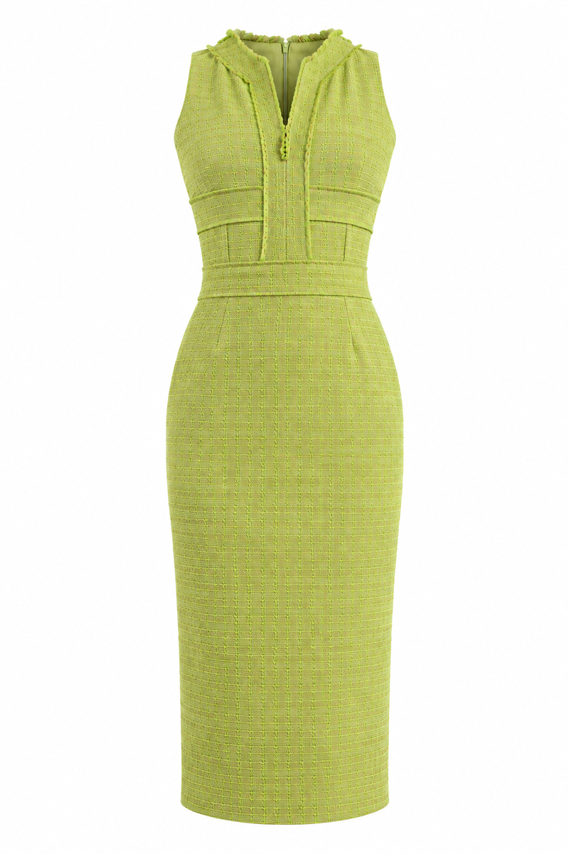Rochie midi lime din tweed cu guler inalt