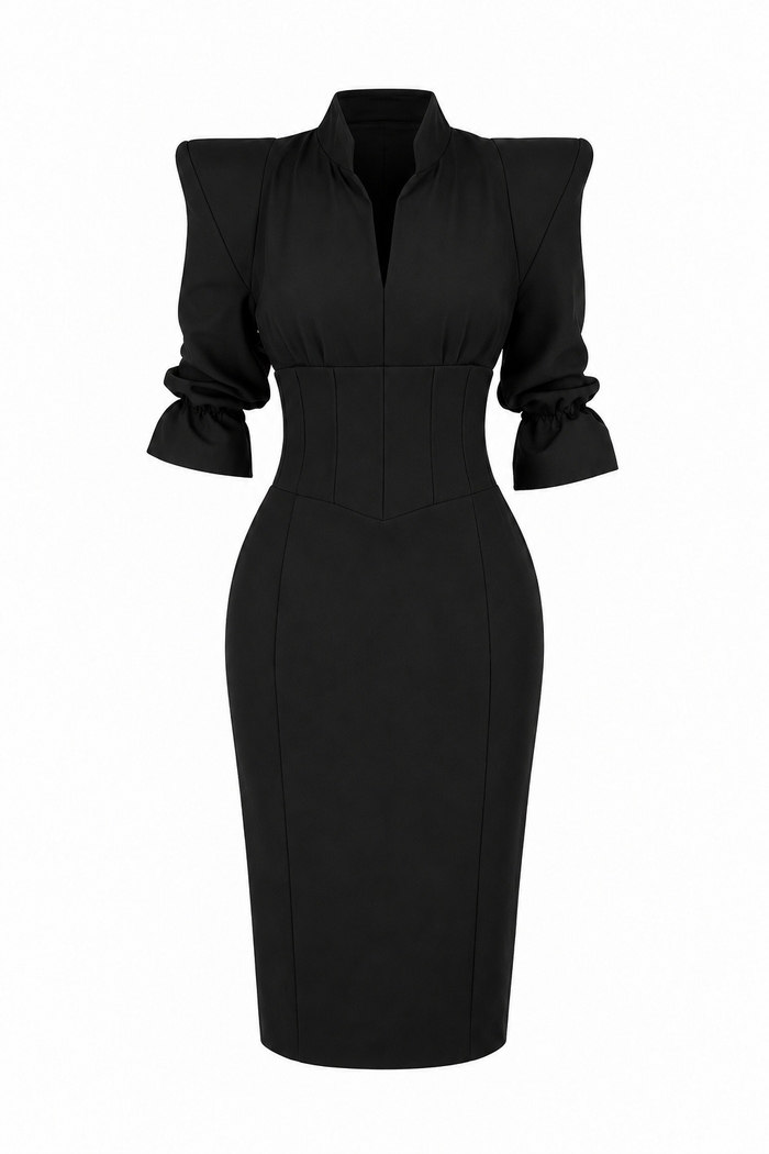 Rochie cambrata cu umeri structurati si detalii tip corset black