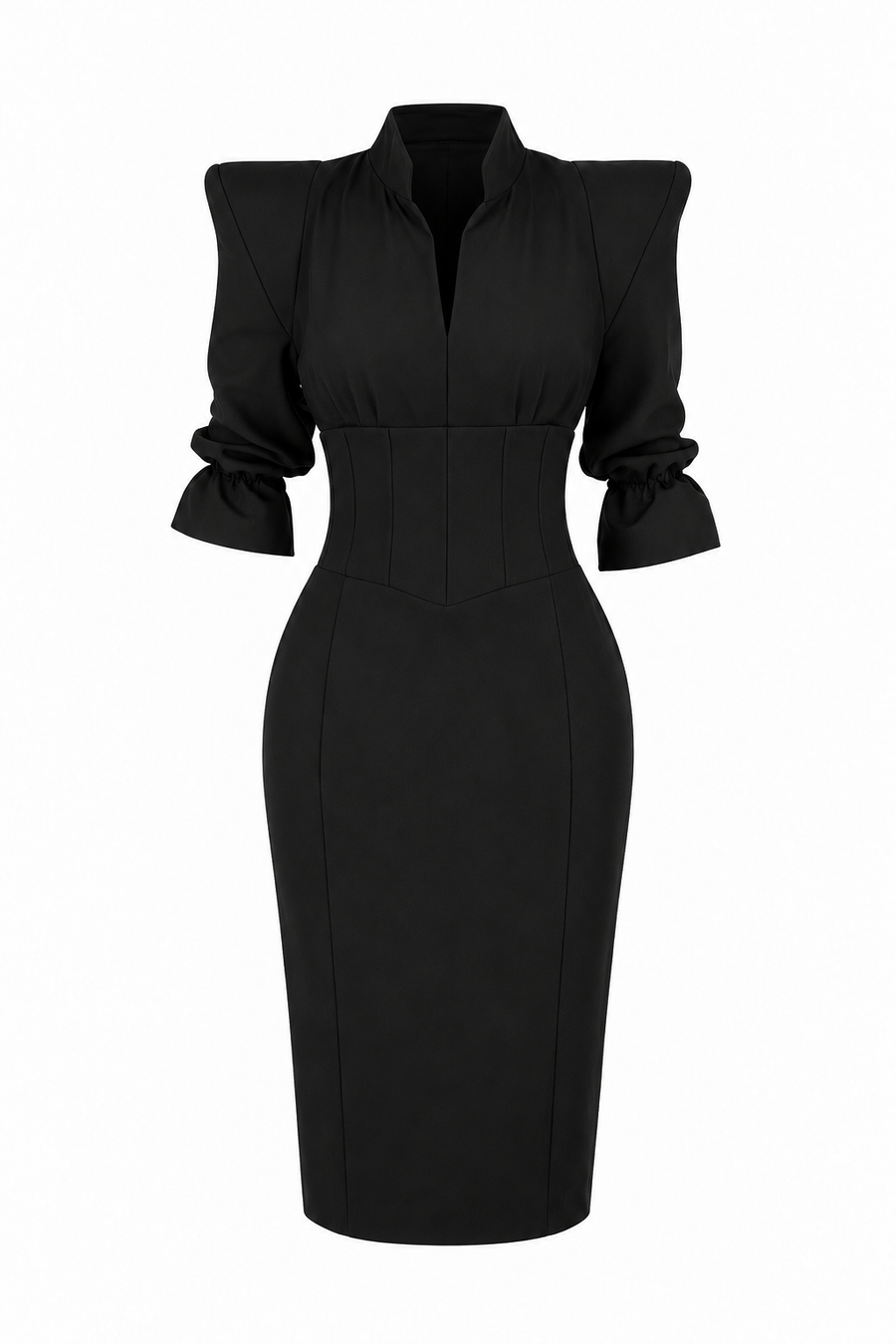 Rochie cambrata cu umeri structurati si detalii tip corset black