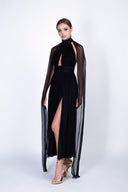 Rochie midi cu slit si esarfe tip capa