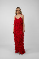Rochie maxi cu volane din amestec de matase Lucky Red