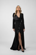 Long black wrap dress with asymmetrical lapel