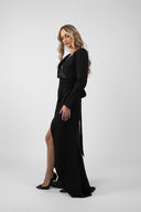 Long black wrap dress with asymmetrical lapel