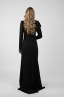 Long black wrap dress with asymmetrical lapel