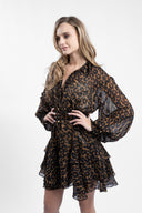 Short leopard-print dress with ruffles and voluminous sleeves
