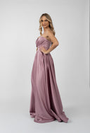 Long dress with draped bust and accentuated waist