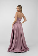 Long dress with draped bust and accentuated waist