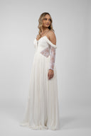 Dress with delicate ruched bodice and dropped sleeves