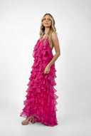 Rochie maxi cu volane din amestec de matase Lucky Fucsia