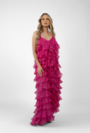 Rochie maxi cu volane din amestec de matase Lucky Fucsia