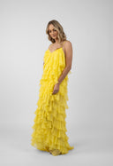 Rochie maxi cu volane din amestec de matase Lucky Yellow