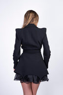 Blazer dress with a silk ruffle and a half garter-belt detail