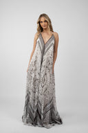 Rochie lunga din matase cu imprimeu grafic