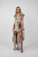 Short dress with exotic print and scarves