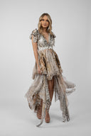 Short dress with exotic print and scarves