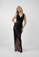 Long black sequin dress with front slit