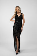 Rochie lunga din micropaiete negre cu slit frontal