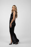 Long black sequin dress with front slit
