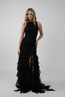 Long black dress with flowing ruffles