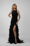 Long black dress with flowing ruffles