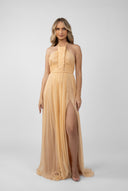 Long dress with braided bodice and side slit