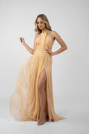 Long dress with braided bodice and side slit