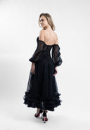 Rochie midi din dantela cu maneci bufante si volane din tulle