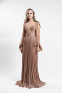 Rochie lunga din tulle  matase peliculizat cu bust fronsat si maneci fluide
