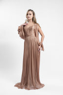 Rochie lunga din tulle  matase peliculizat cu bust fronsat si maneci fluide