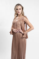 Rochie lunga din tulle  matase peliculizat cu bust fronsat si maneci fluide