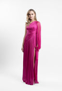 Long asymmetrical dress made of film-coated silk tulle