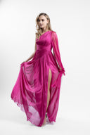 Long asymmetrical dress made of film-coated silk tulle