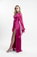 Long asymmetrical dress made of film-coated silk tulle