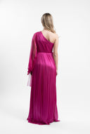 Long asymmetrical dress made of film-coated silk tulle