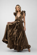 Rochie lunga cu decupaje si volane Dark Gold