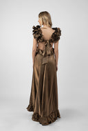 Rochie lunga cu decupaje si volane Dark Gold