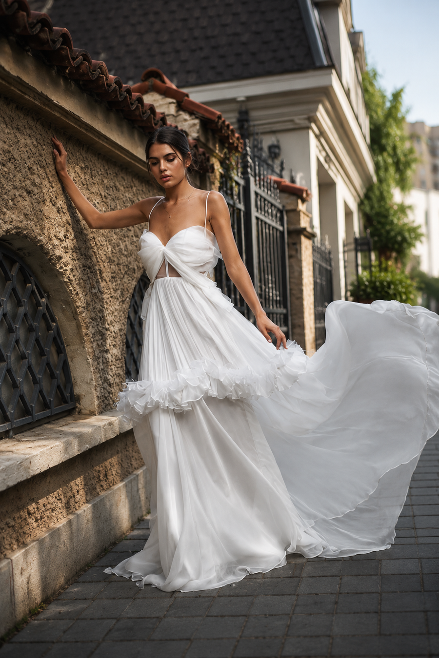 Rochie lunga din voal de matase cu bust fluture