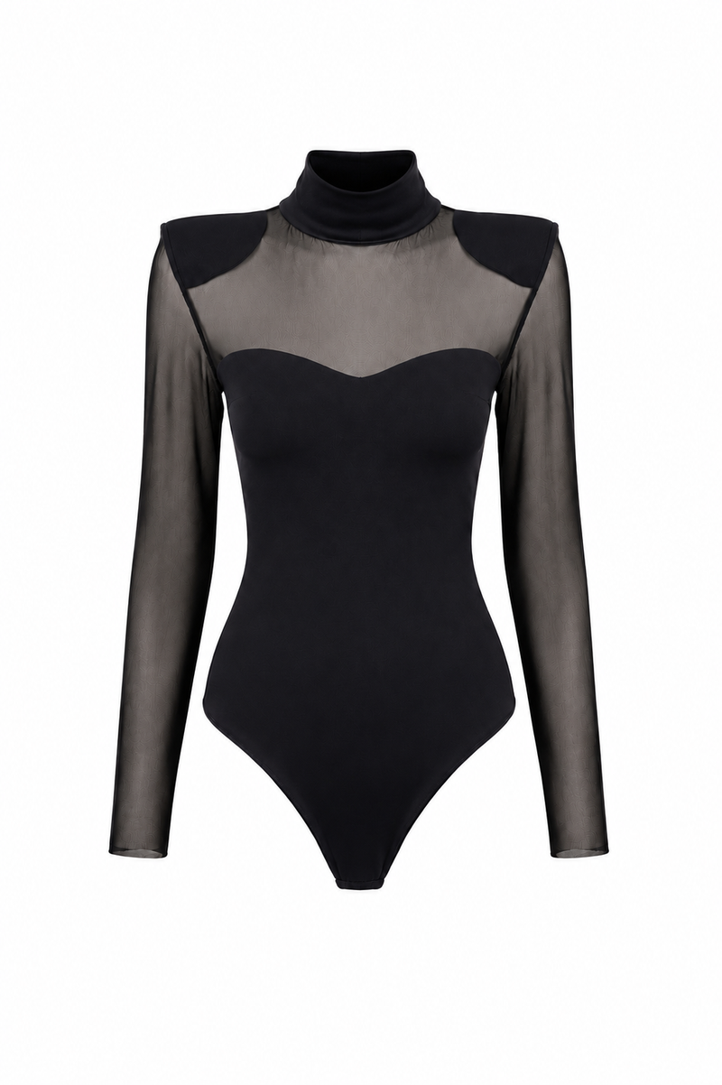 Body cu insertii transparente si guler inalt
