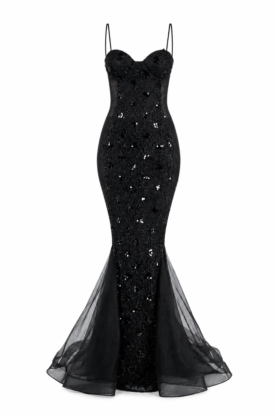 Rochie sirena din dantela cu aplicatii si tull