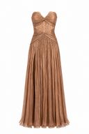 Long dress in film-coated silk and Chantilly lace