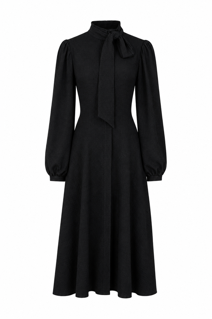 Rochie midi neagra cu funda si maneci bufante