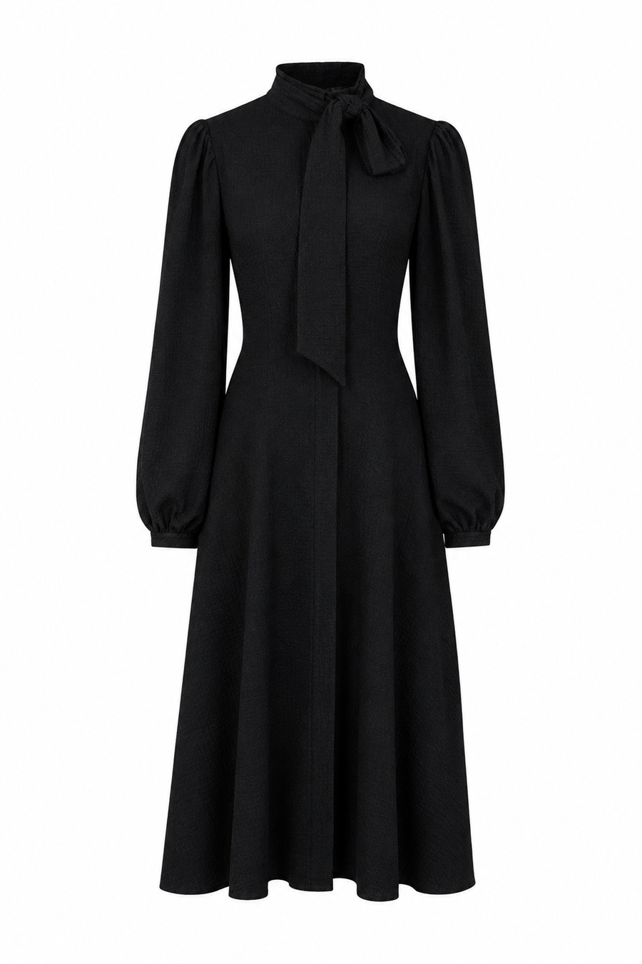 Rochie midi neagra cu funda si maneci bufante