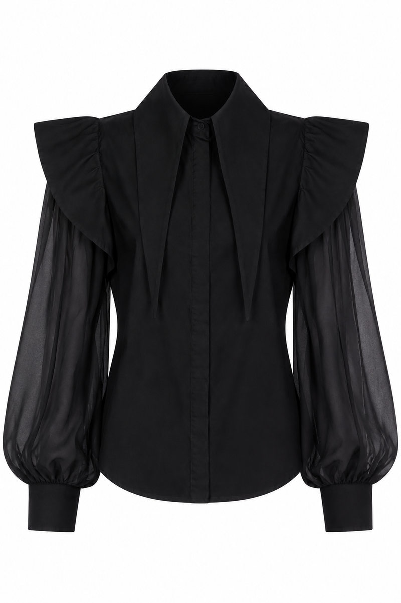 Camasa neagra din bumbac cu maneci transparente
